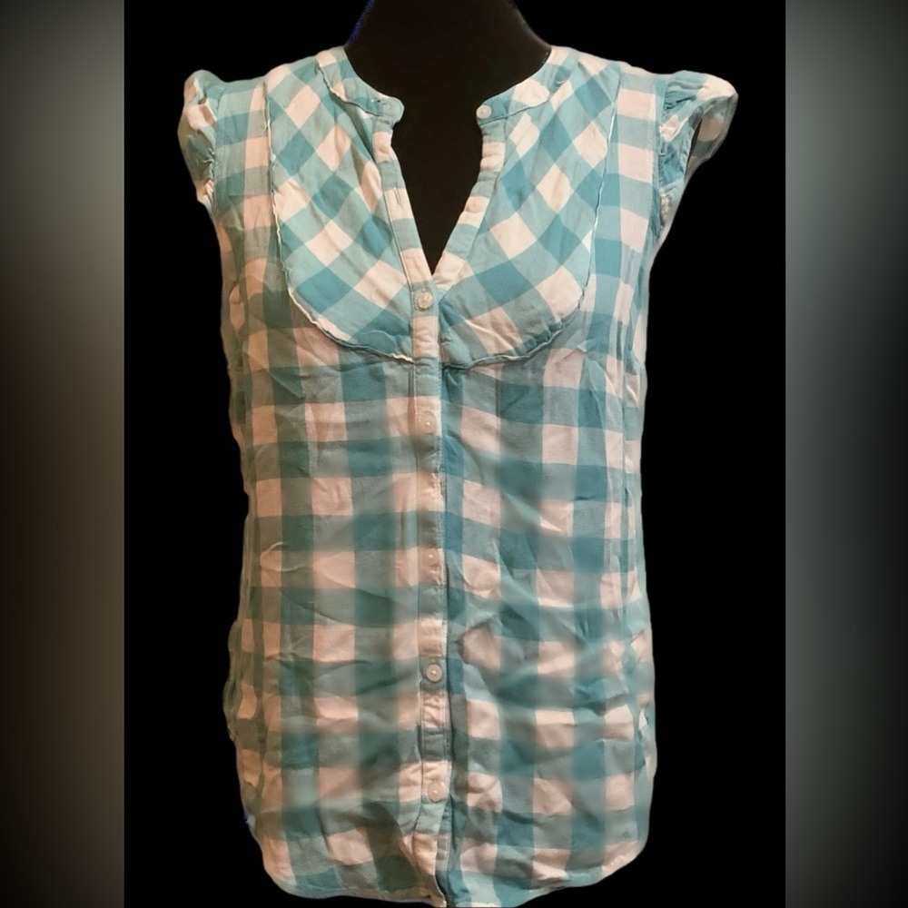 Women's Blue and White Checkered Short Sleeve Button Down Top